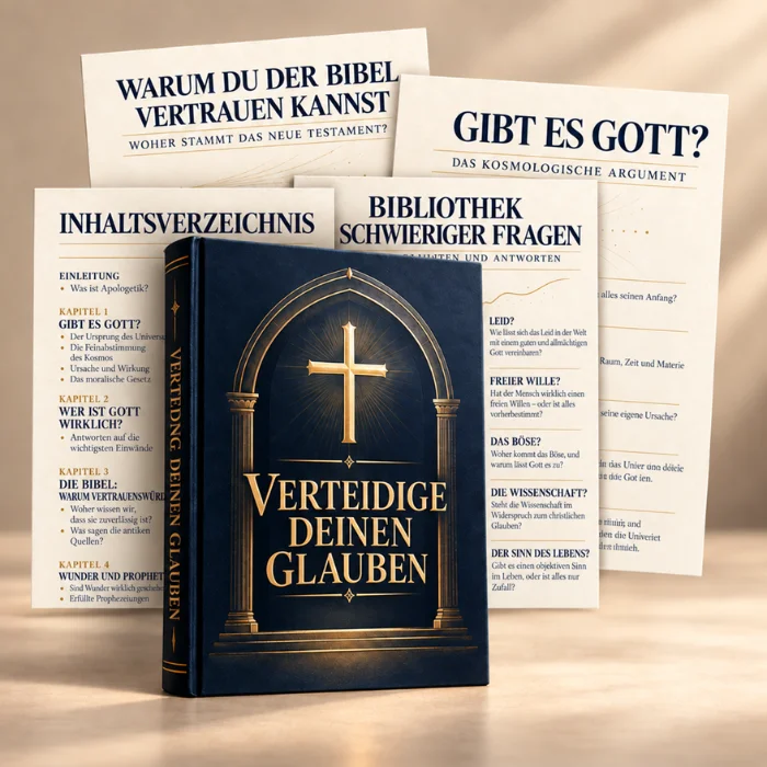 Verteidige deinen Glauben: Buch mit dunkelblauem und goldenem Einband, neben Seiten mit Argumenten und Antworten über Gott, die Bibel und den Glauben.