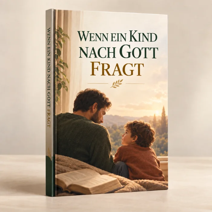 Wenn ein Kind nach Gott fragt: Leitfaden mit einem Vater und seinem Sohn neben einer Bibel auf dem Cover.
